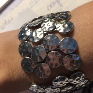 Silver cuff bracelet 4 rows of brushed silver circles